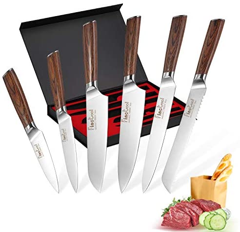 Knife Set, FineTool 6-Piece Professional Kitchen Knives Set with Brown Pakkawood Wood Handle, Boxed Knife for Chef Knife Set, Japanese 7Cr17 Stainless Steel Sharp Kitchen Knives，Best Choice for Home Kitchen and Restaurant