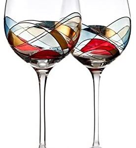 Red Wine Glasses Set of 2 Unique Hand Painted Wine Glasses Drinkware Essentials 11"H 28oz Wine Lover Jumbo Wine Glass Glassware Gifts Ideas for Women Inspired by the 'Duomo di Milano'