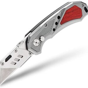 FC Folding Heavy Duty Utility Knife - Box Cutter with Holster, Quick Change Blades, Razor Sharp, Lockback Design, Lightweight Aluminum Body & Wood Trim