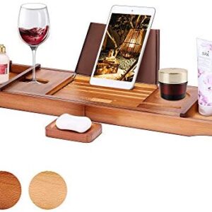 VIVOHOME Expandable Bamboo Bathtub Caddy Tray Bath Accessories with Cellphone Tablet and Wine Book Holder Brown