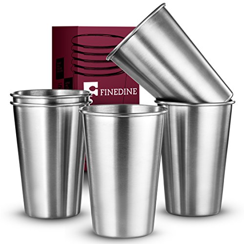 FineDine Premium Grade Stainless Steel Pint Cups Water Tumblers (5 Piece) Unbreakable, Stackable, Brushed Metal Drinking Glasses, Chilling Beer Glasses, for Travel, Outdoor, Camping, & Everyday, 17 Oz