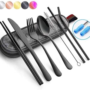 Black Travel Flatware Set with Case Stainless Steel Silverware Tableware Set,Include Knife/Fork/Spoon/Straw (Portable Black)