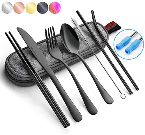 51HGyCooKCL._AC_.jpg Black Travel Flatware Set with Case Stainless Steel Silverware Tableware Set,Include Knife/Fork/Spoon/Straw (Portable Black)