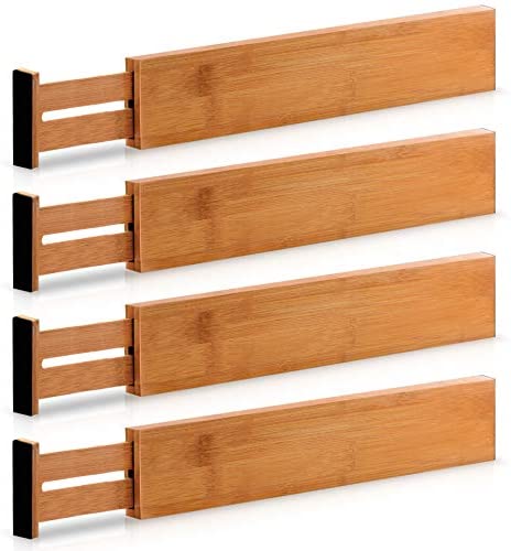 Extra-Long Adjustable Drawer Dividers - Expandable (6.6 Tall, 44.5 - 55.9 cm) Bamboo Kitchen Utensil Organizer Separators for Kitchen, Dresser, Bedroom, Baby Drawer, Bathroom & Office, Set of 4 (Natural)