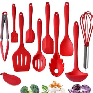 Kitchen Utensils, Silicone Heat-Resistant Non-Stick Cooking Tools of 10, Turner, Whisk, Spoon,Brush,Spatula, Ladle, Slotted Turner, Tongs Pasta Fork (Red)