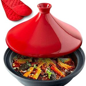Uno Casa Tagine Pot - 3.65-Quart Moroccan Tajine with Enameled Cast Iron Base and Ceramic Cone-Shaped Lid, High-Quality Cookware- Red Double Oven Mitts Included