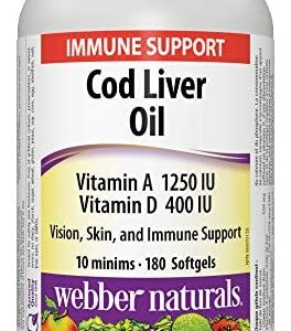 Webber Naturals Cod Liver Oil with Vitamin A and Vitamin D3, Softgel, 550 mg , 1,250 IU , 400 IU, 180 Count