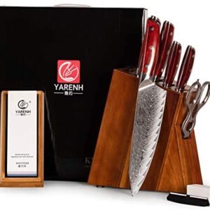 Yarenh Kitchen Knife Block Set with Sharpener Stone 8 Piece - Japanese Damascus Steel Blade - Super Sharp - Full Tang - Dalbergia Wood Handle - Gift Box Packaging - Professional Chef Knives Sets