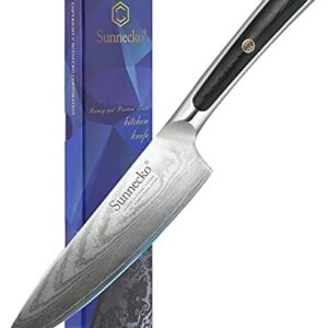 Sunnecko Damascus Chef Knife-6.5 inch Kitchen Knife-Japanese Damascus Steel 73layer VG10-Full Tang G10 Ergonomic Handle-Super Sharp,Durable,Good Edge Retention-Gift Box-Elite Series…