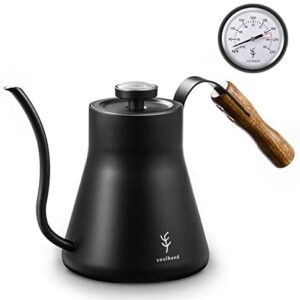 Soulhand Pour Over Kettle with Thermometer,Gooseneck Kettle Tea Pot with Wood Handle Flow Spout Stainless Steel Anti-Rust Design for All Stovetops -40oz/1200ML