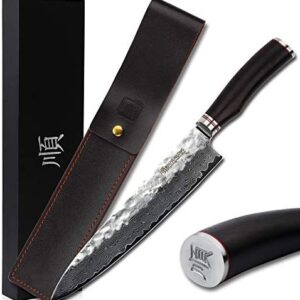 YOUSUNLONG Gyuto 10 inch Pro Chef's Knives Japanese VG10 Hammered Damascus Natural Ebony Wood Handle with Leather Sheath
