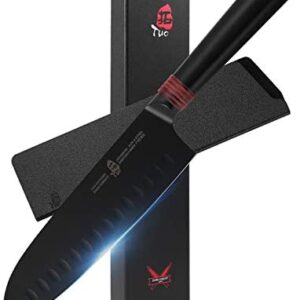 TUO Santoku Knife 7" - Asian Chef Knife Hollow Ground Edge with Black Titanium Plated Blade - Japanese AUS-8 Stainless Steel Pakkawood Handle - Dark Knight Series with Sheath & Gift Box