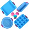 KeepingcooX Basic 16 Pcs Nonstick Bakeware Set - Silicone Brownie Pan, Muffin Tray, Loaf Pan, Round Mold, 12 Cupcake Liners for Cake Decorations - Silicone Value Baking Trays Set