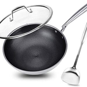 Potinv 12.5" Stainless Steel Wok, Nonstick Stir Fry Pan with Lid and Spatula, Induction Compatible, Scratch Resistant, Dishwasher and Oven Safe