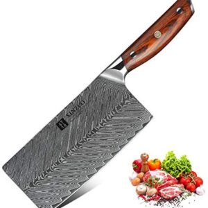 XINZUO Damascus Steel 7 Inch Cleaver Knife, Professional Butcher Knife Sharp Chinese Chef Knife Chopping Knife Kitchen Knife Vegetable, Ergonomic Rosewood Handle-Yi Series