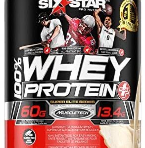 Whey Protein Powder + Creatine Monohydrate, Six Star 100% Whey Protein Plus, Whey Protein Isolate & Peptides, Lean Protein Powder for Muscle Gain, Whey Isolate Protein Shake, Vanilla, 2 lbs