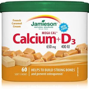 Jamieson Mega Cal Soft Chews - French Caramel Cream Flavour, Calcium 650 mg plus Vitamin D3 400 IU, 60 Count (Pack of 1)