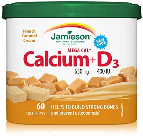 51BlZ-3qDyL._AC_.jpg Jamieson Mega Cal Soft Chews - French Caramel Cream Flavour, Calcium 650 mg plus Vitamin D3 400 IU, 60 Count (Pack of 1)