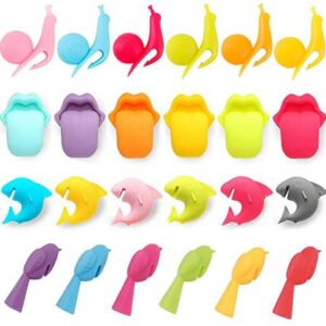 REAMTOP Wine Glass Markers Mini Shark and Snail Shape Tea Bag Holder Silicone Suction Cups Tongue Chickadee Reusable Glass Identifiers Wine Accessories 24pcs 4 Sets