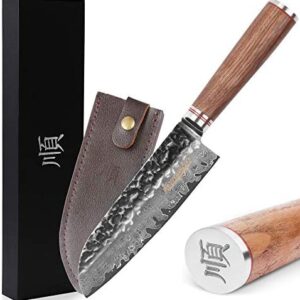 YOUSUNLONG Santoku Knives 7 inch Professional Chef Knife Japanese VG10 Hammered Damascus Steel Natural Walnut Wooden Handle