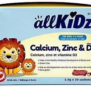 allKiDz Calcium, Zinc & Vitamin D3 Drink Mix Powder for Kids Children Vitamin Mineral Supplement, Helps Stronger Bone and Teeth, Natural Strawberry Flavour, 30 Packets