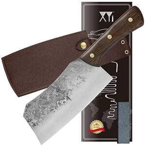 XYJ FULL TANG Cleaver Slicing Knife 7-inch Forged 5Cr15 Stainless Steel Serbian Knives Professional Chef Knife Butcher Knives With Leather Case for Kitchen Restaurant