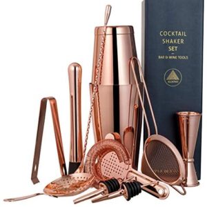 11-Piece Copper Cocktail Shaker Bar Set: Weighted Boston Cocktail Shakers, Strainers, Double Jigger, Muddler & Spoon, Ice Tong & 2 Liquor Pourers - Essential Mixology Bartender Kit