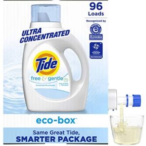 Tide Free & Gentle Laundry Detergent Liquid Eco-Box, (Unscented Laundry Soap, Hypoallergenic for Sensitive Skin), Concentrated, HE Compatible, 96 Loads
