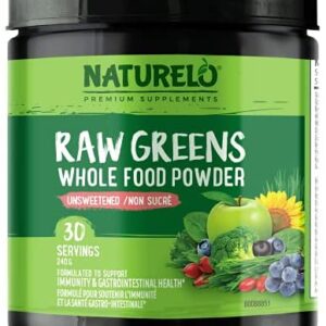 NATURELO Raw Greens Superfood Powder - Unsweetened - Boost Energy, Detox, Enhance Health - Organic Spirulina - Wheat Grass - Whole Food Nutrition from Fruits and Vegetables - 30 Servings