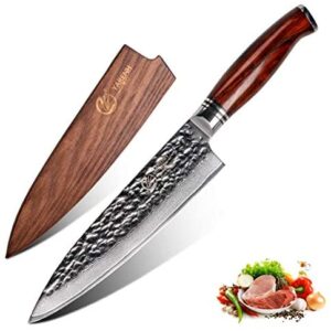 YARENH Damascus Chef Knife 8 Inch with Wood Sheath - 73 Layers Japanese High Carbon Stainless Steel - Full Tang Dalbergia Wood Handle - Professional Kitchen Knives - Sharp Cooking Tools