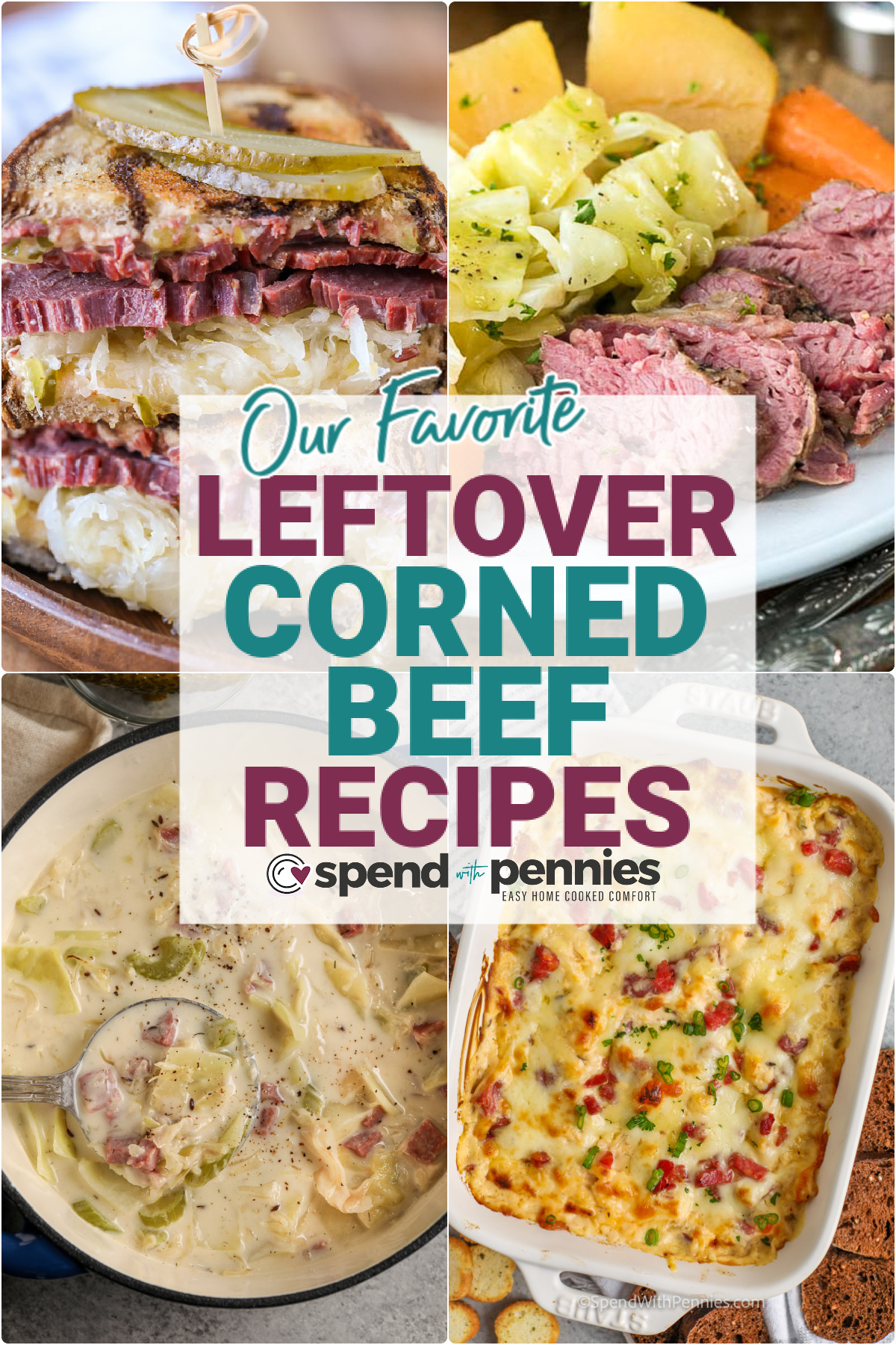 a collage of leftover corned beef recipe shown with a title